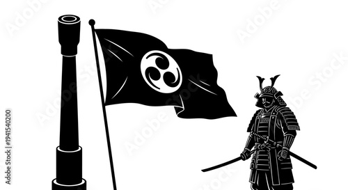Samurai Warrior with Sword and Flag, Black and White Silhouette