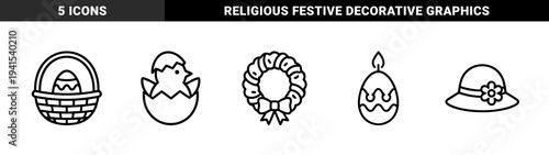 Easter holiday celebration elements in chunky monoline style featuring hatching chick, decorated egg basket, festive wreath, and spring bonnet.