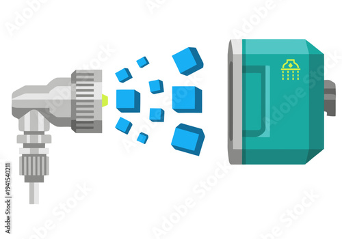 A stylized illustration showcases an aeroponic misting nozzle breaking down cubes, highlighting innovative tech. Modern, graphic design.