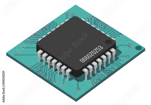 A stylized microcontroller chip board illustration. Modern, clean design with circuit pathways. Ideal for tech, IoT, and digital concepts. High resolution.