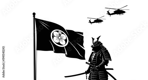 Samurai Warrior, Japanese Flag, and Helicopters: A Blend of Tradition and Modern Warfare
