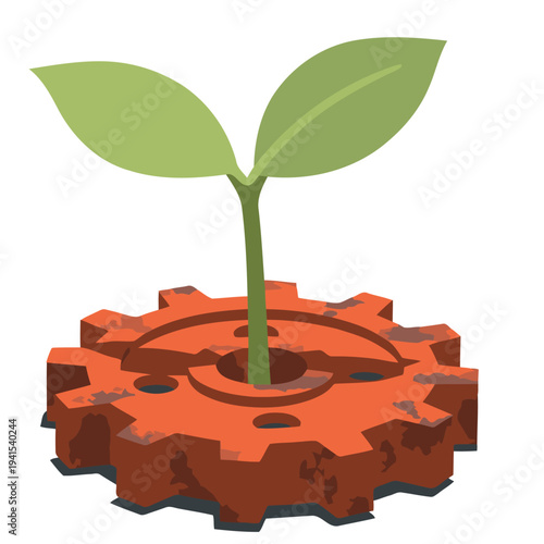 A stylized seedling grows from a rusty gear, symbolizing growth and innovation. ?Gear Plant Growth Eco? text overlay. Modern, minimalist design.
