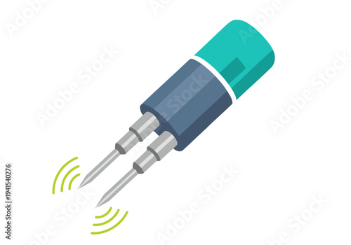 A stylized soil moisture sensor probe measures soil moisture with digital signals. Clean, modern design, vibrant teal and gray. Ideal for agriculture and environmental tech visuals.