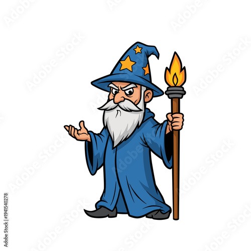 Cartoon wizard with a serious expression holding a flaming torch and gesturing
