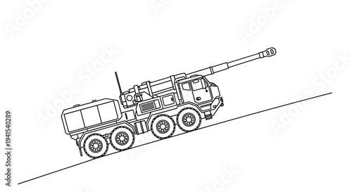 Self-propelled howitzer on a slope, military vehicle, artillery gun, army transport