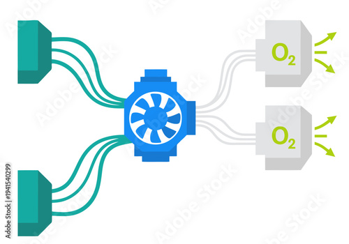 A stylized ventilation system diagram showcases air flow and oxygen generation. Modern, blue and green design with clear visual logic. Ideal for tech or science illustrations.