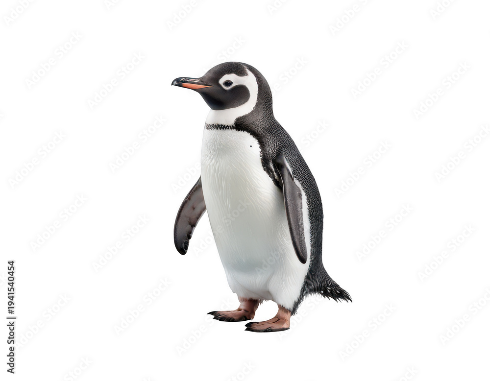 Fototapeta premium Penguin Standing Solo: A striking depiction of a penguin, showcasing its distinctive black and white plumage and endearing upright posture.