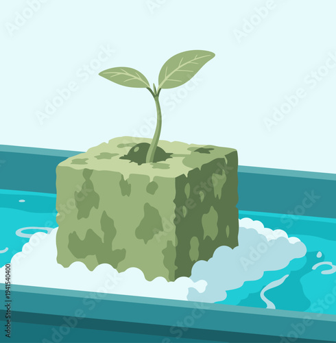 A vibrant seedling sprouts in rockwool within a hydroponic system. Modern, clean design highlights sustainable growth. Ideal for health, agriculture, and technology visuals.