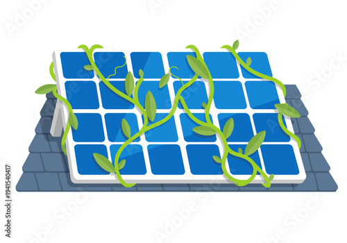 Billede på lærred A vibrant solar panel is entwined with lush vines, showcasing an eco-symbiotic design on a slate roof