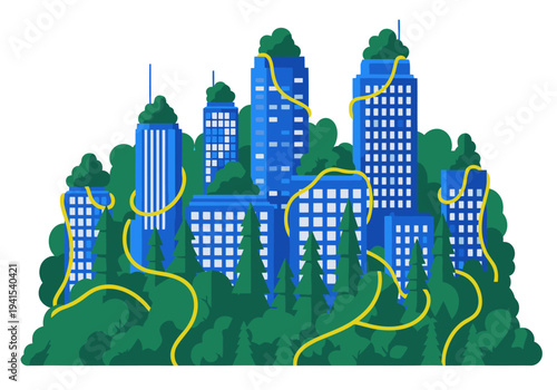vibrant stylized cityscape seamlessly integrated with a lush forest This futuristic design showcases a reclaimed future blending nature and urban development Modern bright and visually striking