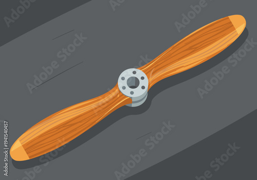Vintage aircraft propeller rests on a dark gray surface, showcasing a detailed wood texture and subtle motion blur. Ideal for military, aviation, or industrial themes.