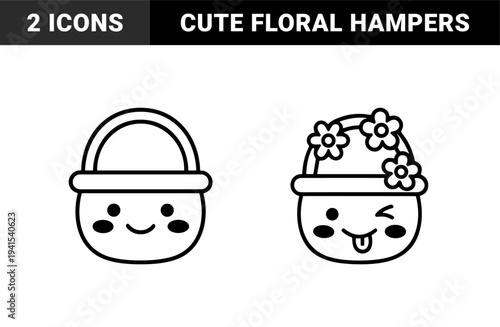 Kawaii garden basket characters in chunky monoline style. Minimalist line art picnic hampers with cute facial expressions and floral accents.