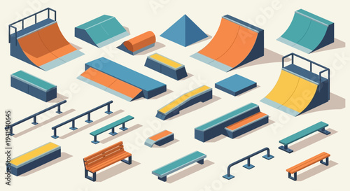 An isometric view of a skatepark featuring various ramps rails and benches in a colorful geometric silhouette high quality professional detailed