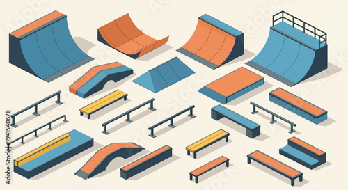 An isometric arrangement of various skatepark ramps and obstacles is depicted in vibrant colors a modern silhouette high quality professional detailed
