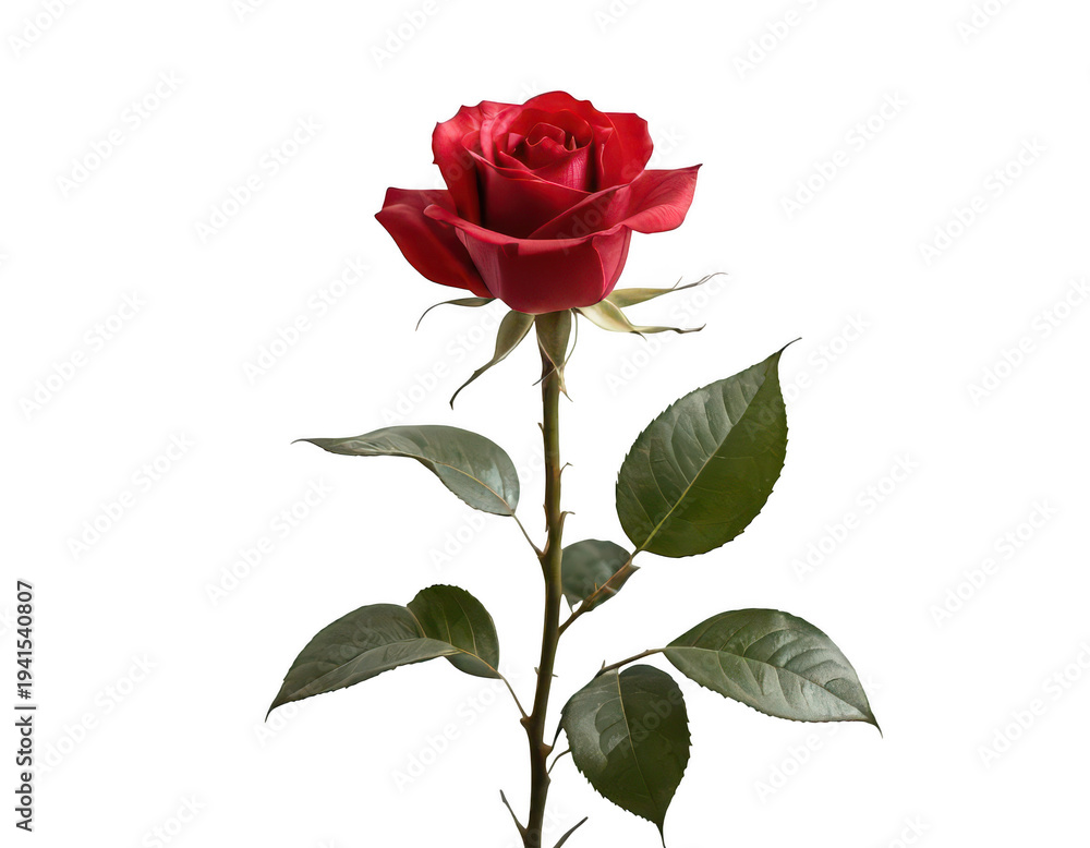 Obraz premium Crimson Bloom: A solitary, vibrant red rose, resplendent in its natural beauty, stands tall against a plain backdrop, evoking feelings of romance and affection.