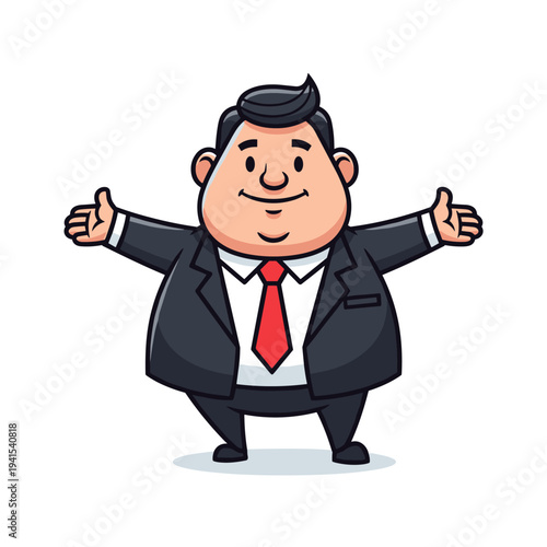 Cheerful cartoon businessman in a dark suit and red tie with outstretched arms