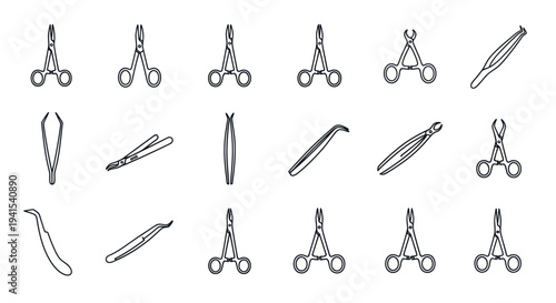 Collection of Medical Surgical Forceps and Tweezers Line Art Icons.