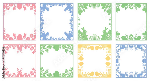 Colorful easter egg frames showcase spring decorations featuring bunnies chicks and floral patterns in a striking silhouette high quality professional detailed