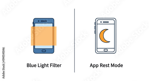 Two Smartphone Illustrations Depicting Blue Light Filter and Rest Mode.