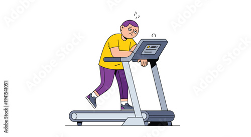 A visibly exhausted man with purple hair and a yellow shirt leans on a gray treadmill console while walking slowly.