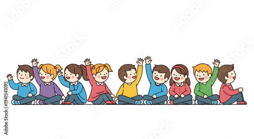 A diverse group of nine cartoon children sits in a neat row on the floor, raising their hands against a plain white backdrop.