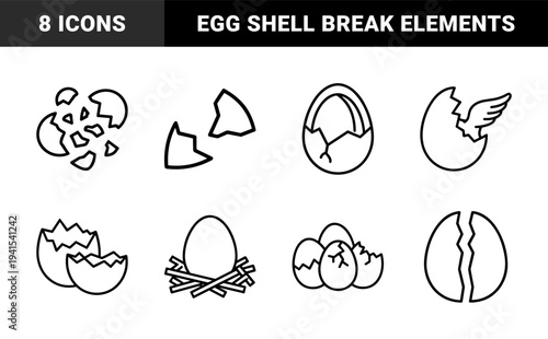 Bird hatching and egg break sequence for educational biological diagrams. Minimalist monoline hatching process featuring nest, shell fragments, and wings.