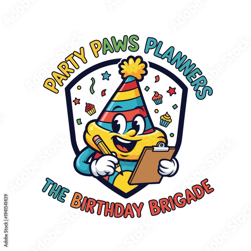 Cheerful cartoon mascot wearing a party hat holding a pencil and clipboard for event planning