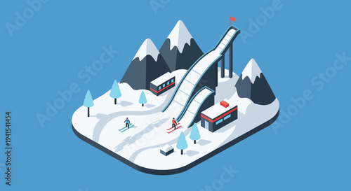 Isometric illustration depicts a snowy mountain landscape with skiers and a ski jump showcasing a distinct silhouette high quality professional detailed