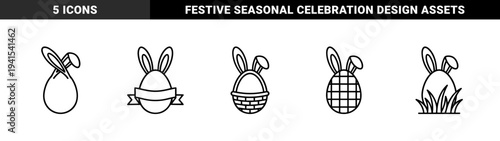 Easter holiday celebration decorative elements for seasonal branding. Bold monoline pictograms featuring rabbit ears, eggs, and wicker baskets.