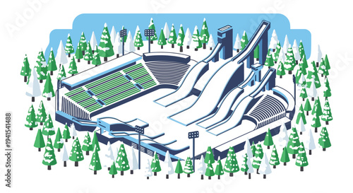 An illustrated depiction of a ski jumping venue surrounded by evergreen trees presented in a striking silhouette high quality professional detailed