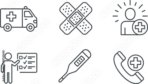 Medical and Healthcare Line Icon Set Featuring Ambulance, Bandage, Thermometer, Health Insurance, Emergency Phone, and Checklist Illustration