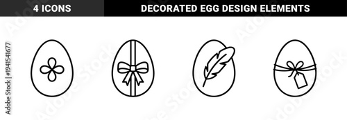 Easter holiday celebration elements featuring decorated eggs with floral motifs and gift ribbons. Minimalist monoline contour drawings for spring seasonal branding and greeting cards.