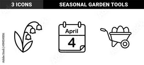 Spring seasonal gardening and holiday planning elements featuring monoline calendar lily of the valley and wheelbarrow with eggs for easter celebration design.