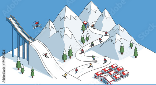 A vibrant illustrated ski resort scene depicts winter sports and architecture with a striking silhouette high quality professional detailed modern elegant