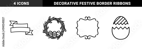 Easter celebration decorative elements featuring spring wreath with eggs and blank ribbon banner. Monoline minimalist line art for seasonal holiday greeting cards and festive branding.