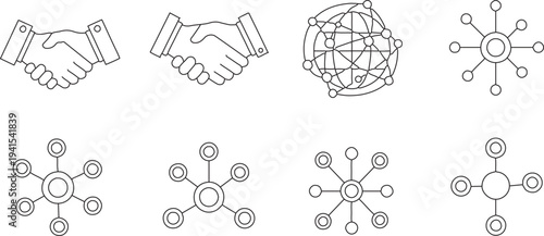 Set of 8 Business and Technology Line Icons Vector: Handshake, Global Network, and Connection Hub Symbols for Web, Apps, and Marketing isolated PNG with Transparent Background
