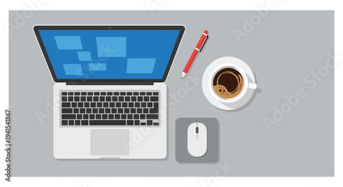 A minimalist workspace showing a laptop coffee cup pen and mouse on a gray surface silhouette high quality professional detailed modern