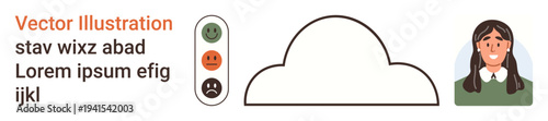 Emotional well-being, feedback, survey design, mental health, UX design, human emotions. Cloud figure, emotion scale with emotions smiling woman. Emotional well-being and feedback concept