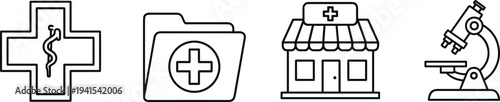 Medical and Healthcare Line Icon Set Featuring Pharmacy Symbol, Medical Folder, Clinic Building, and Laboratory Microscope Research