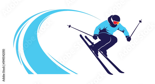 A dynamic image depicts a skier in motion with a sweeping blue arc creating a striking silhouette high quality professional detailed