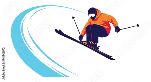 A vibrant depiction of a skier in motion captured in a dynamic pose against a light blue backdrop silhouette high quality