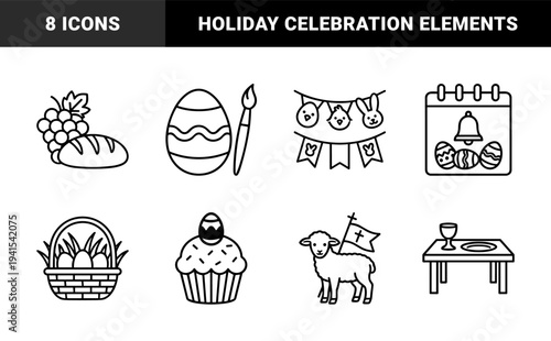 Easter holiday religious and traditional celebration elements. Monoline minimalist pictograms featuring paschal lamb, decorated eggs, and communion symbols.