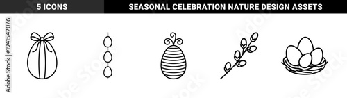 Easter celebration and spring holiday linear elements featuring decorated eggs, willow branches, and bird nests. Minimalist monoline black and white seasonal graphics.