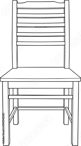 Black-and-white line drawing of wooden chair with flat seat, six horizontal slat backrest, straight legs, and structural support bars
