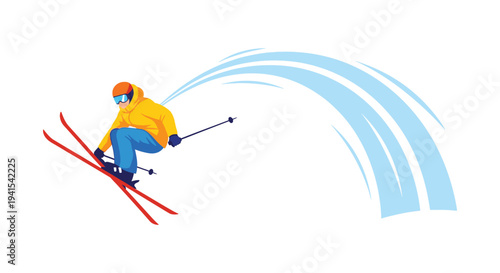 A dynamic illustration depicts a skier in mid air carving through snow with speed and precision silhouette high quality professional detailed modern