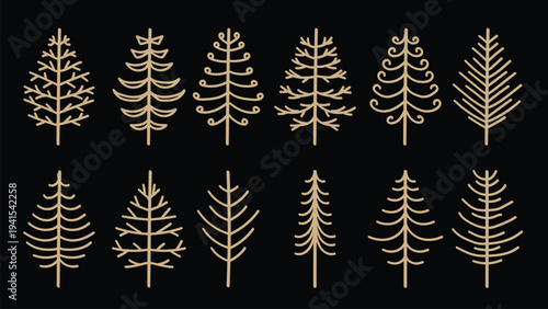 Set of Abstract Christmas Trees Gold Vintage Hand Drawn Collection.Vector Illustration