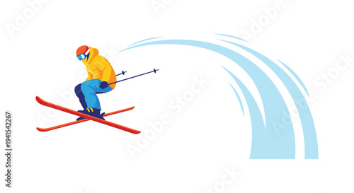A vibrant illustration depicts a skier in mid air carving a turn with a sweeping snow spray silhouette high quality professional detailed