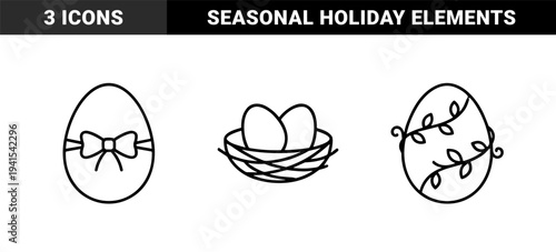 Easter celebration ornaments and seasonal nature elements featuring decorated eggs and bird nest in a minimalist monoline black and white aesthetic