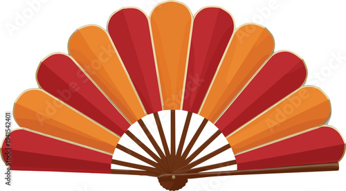 Decorative hand fan illustration with alternating red and orange petal-shaped segments, brown spokes, shell-like base, and golden pivot detail