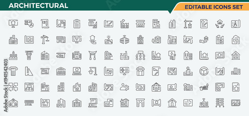 Architectural simple icon set. Includes thin line symbols measurement, architect, home, plan, drawing, engineer and more. Engineer modern icon set. Minimal linear icons. Editable vector stroke.